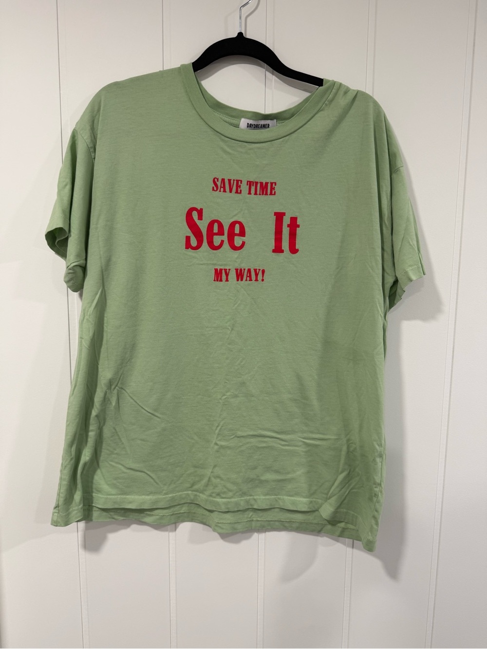 Daydreamer Light Green 'Save Time See It My Way” Graphic Tee with Red Print